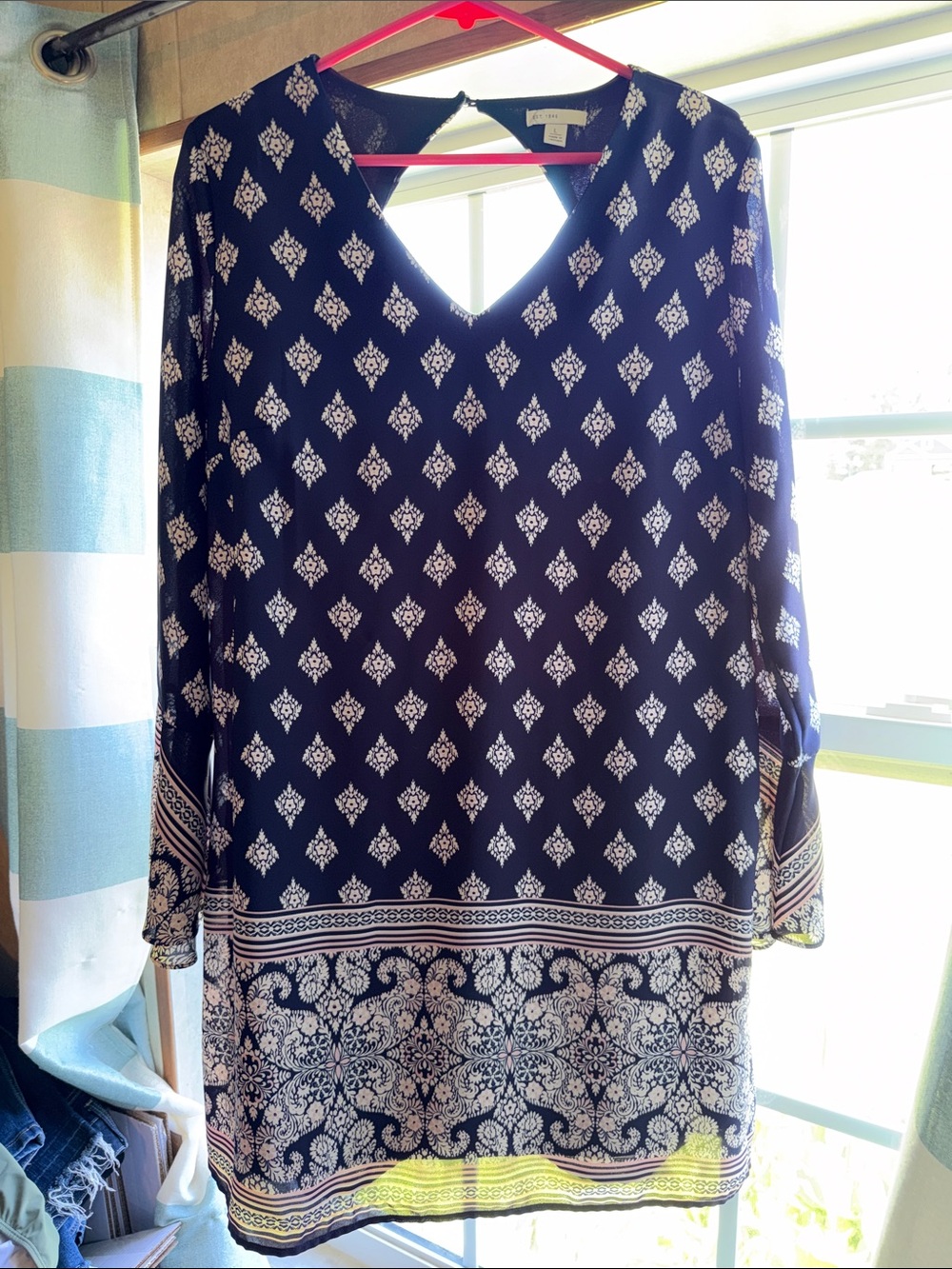Cato Navy, Pink and White Patterned V-Neck Tunic Dress w/ Bell Sleeves